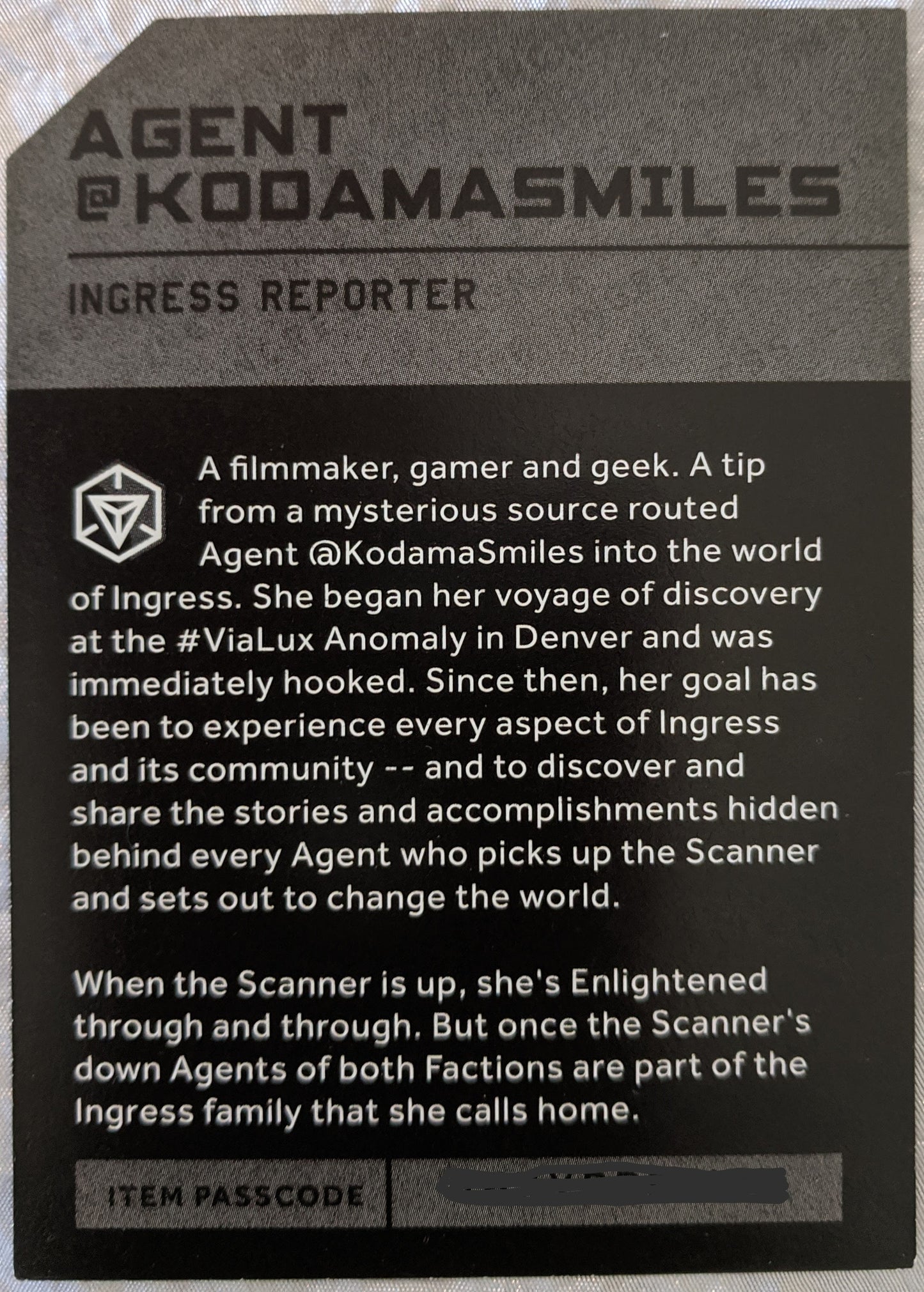 Agent KodamaSmiles Medal Card - includes passcode
