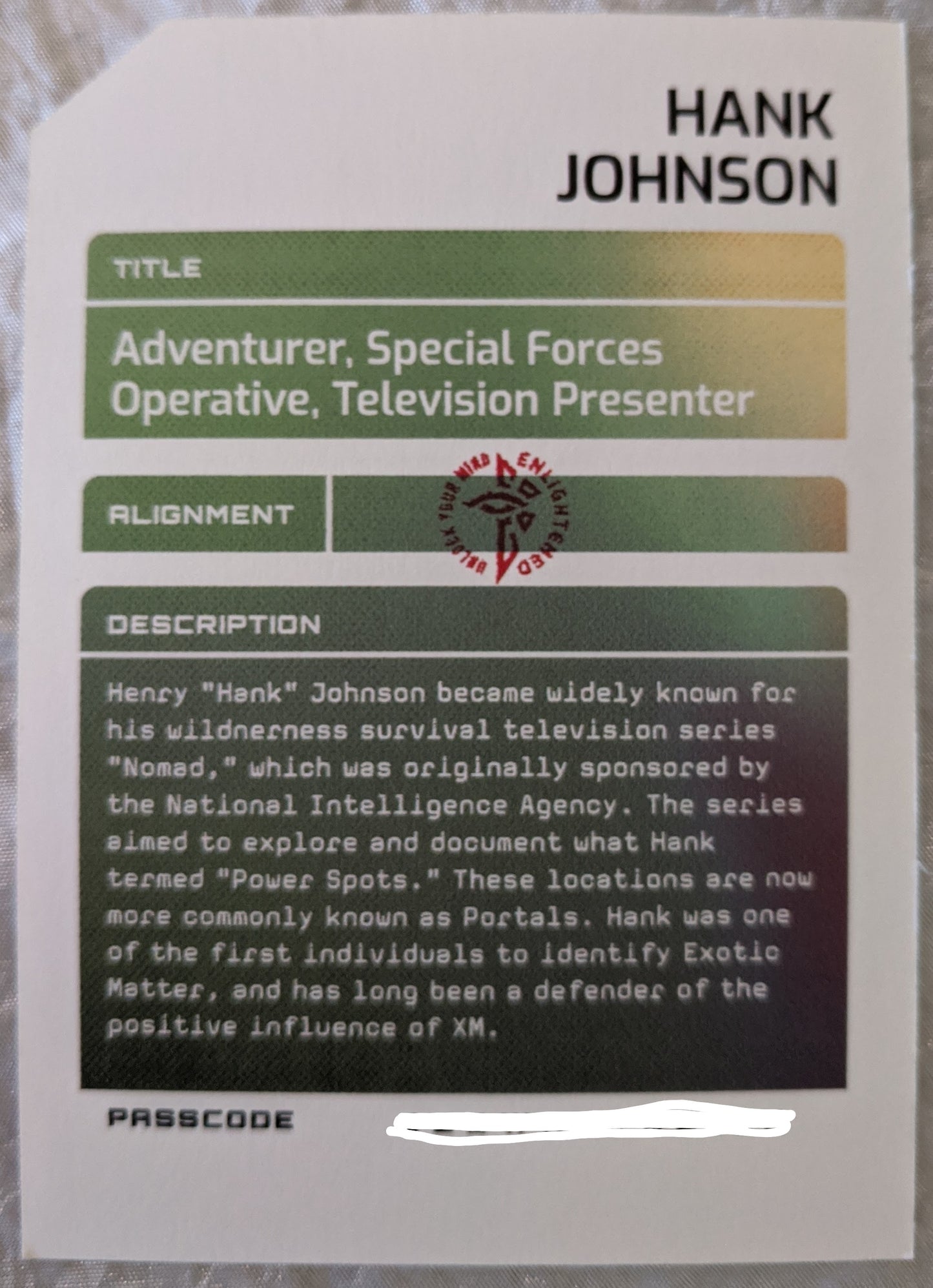 Hank Johnson Character Card - includes passcode