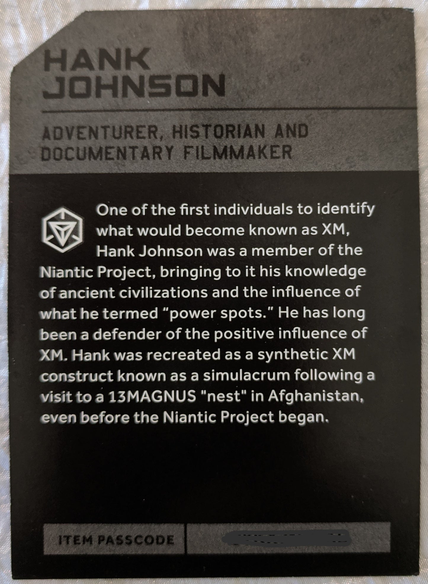 2016 Hank Johnson Character Card - includes passcode