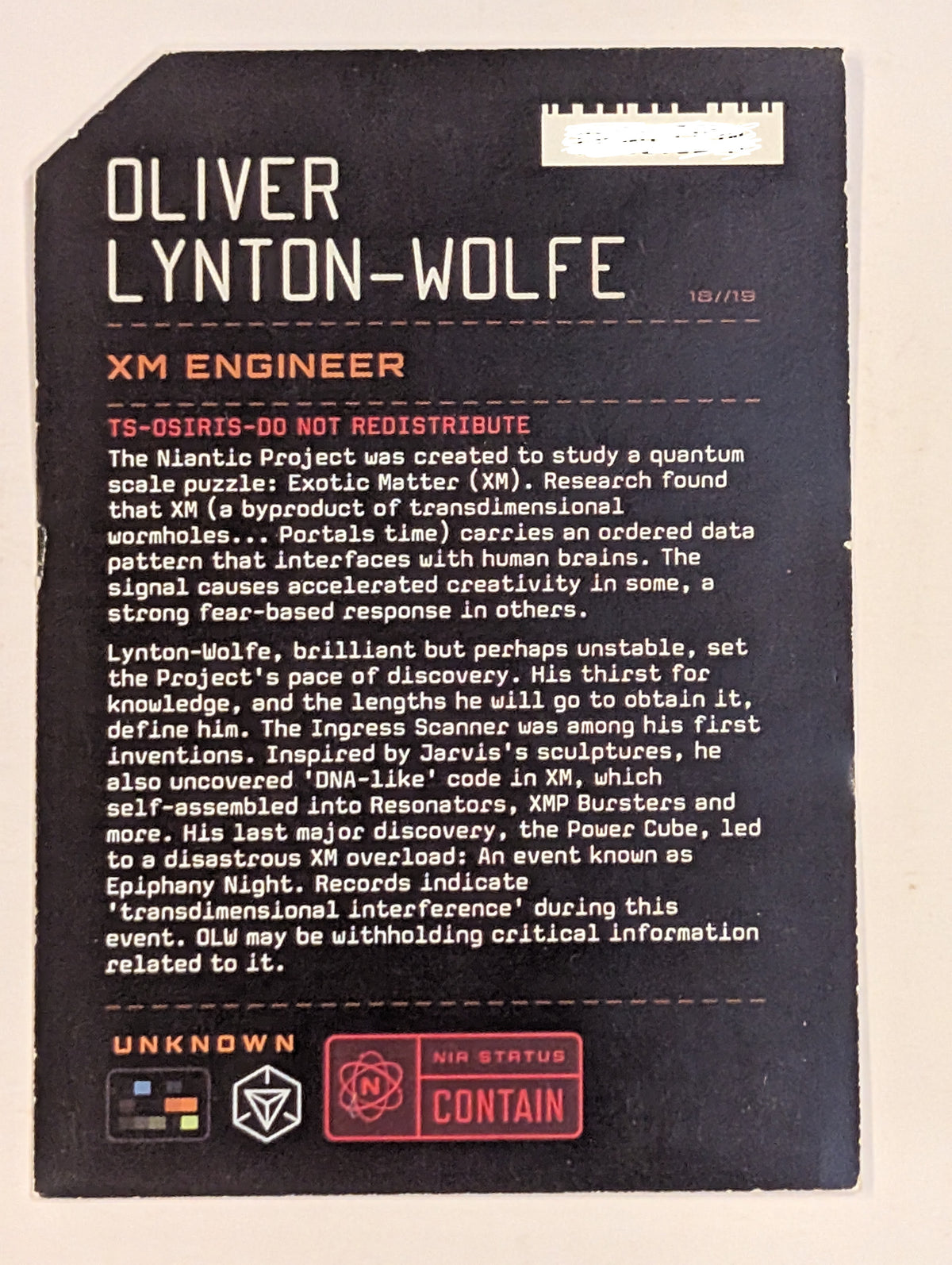 OLIVER LYNTON-WOLFE 2018  Character Card - includes passcode