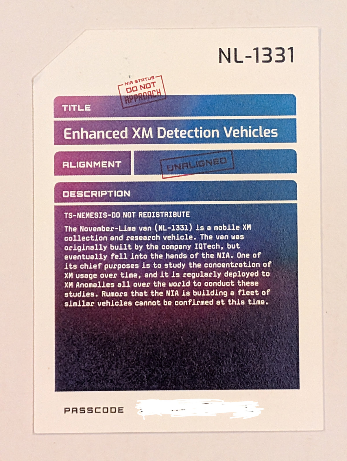 NL-1331 NEMESIS SERIES Character Card - includes passcode
