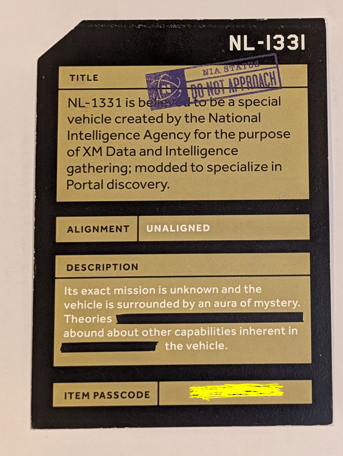 NL-1331 Character Card - includes passcode
