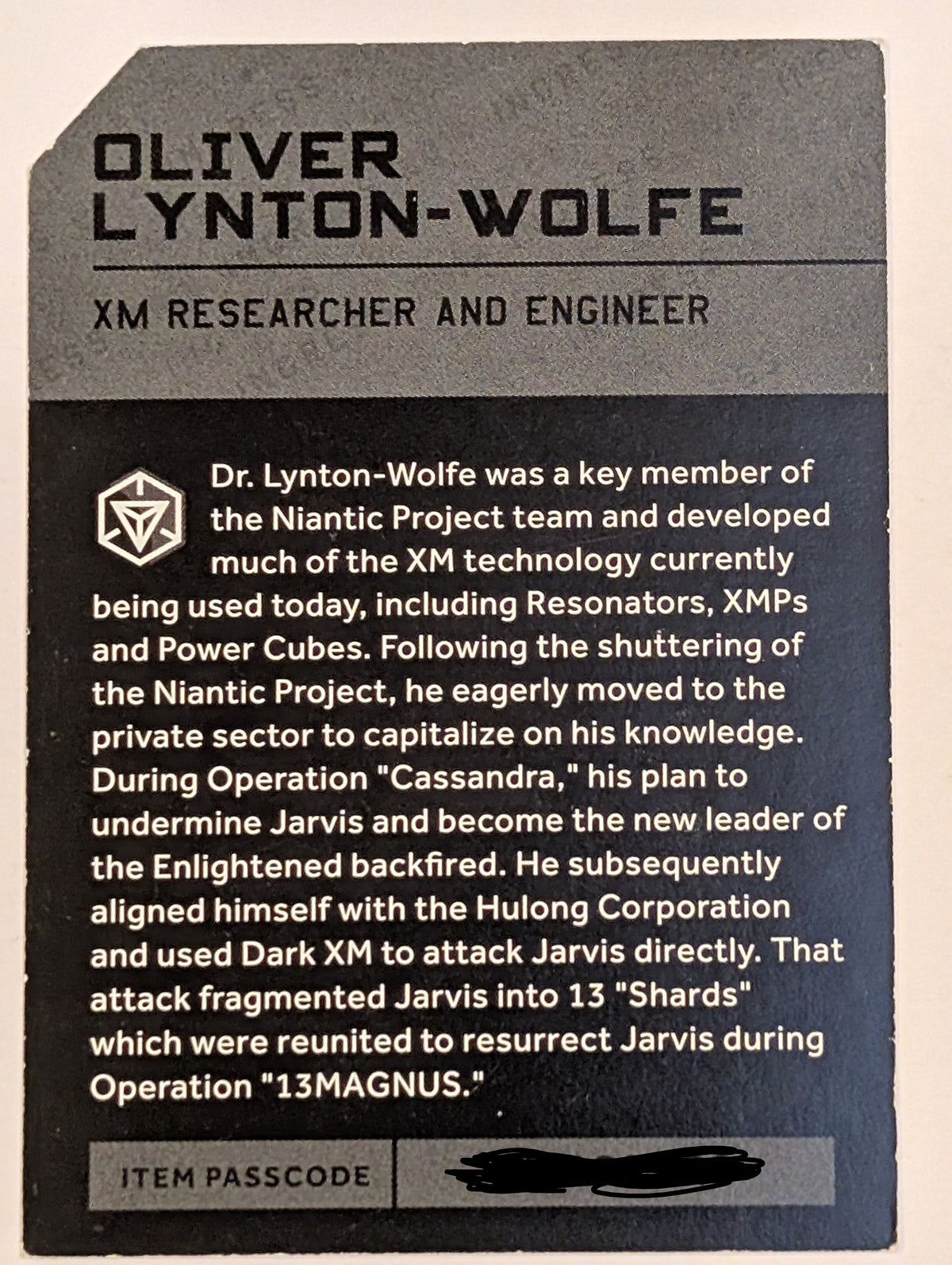 OLIVER LYNTON-WOLFE 2016  Character Card - includes passcode